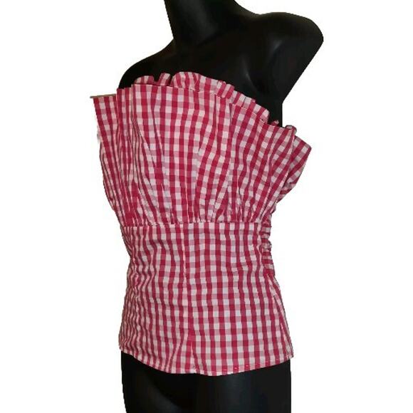 7th Ave New York & Co GINGHAM RED WHITE Halter Style Top FUNKY Checkered Sz L - Picture 3 of 15